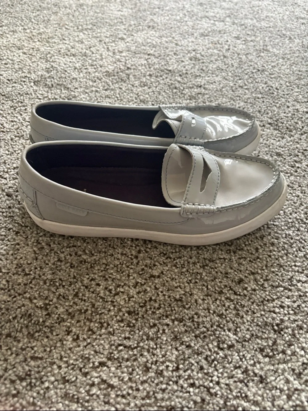 Cole Haan Light Gray Patent Penny Loafers with White Sole